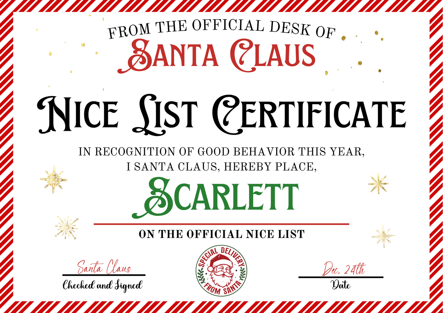Personalised Nice List Certificate