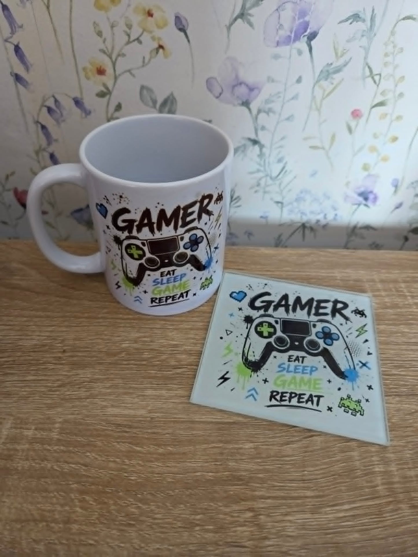 Gamer "Eat Sleep Game Repeat" Mug & Coaster Gift Set