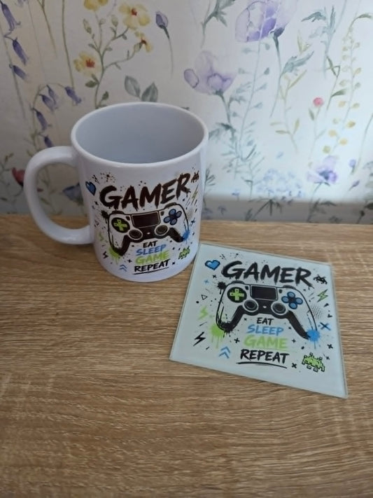 Gamer "Eat Sleep Game Repeat" Mug & Coaster Gift Set